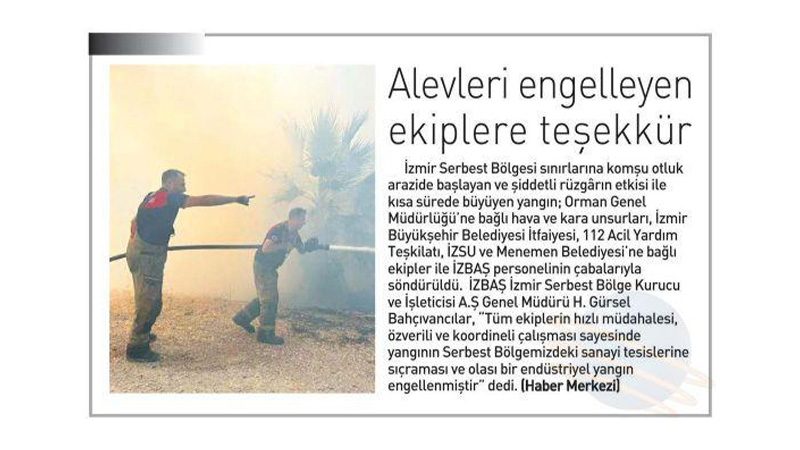 İZBAŞ’TAN YANGIN SÖNDÜRME EKİPLERİNE TEŞEKKÜR