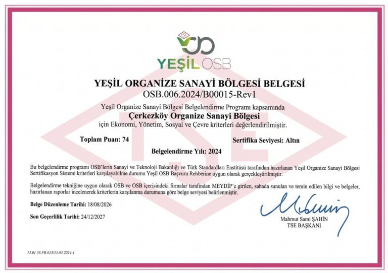 ÇOSB, 50. Yılında Türkiye’nin İlk “Altın Seviye” Yeşil OSB’si Oldu!